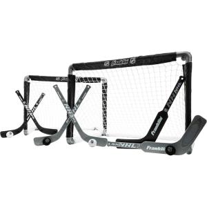 Franklin Sports NHL Kids Mini Hockey Goal Set – (2) Mini + Knee Hockey Goals, (4) Youth Sticks, (2) Goalie Sticks + (4) Foam Balls – Knee + Mini Hockey Set(Black)