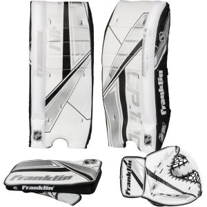 Franklin Sports NHL Kids Street Hockey Goalie Pads Set – Kids Hockey Training Equipment – Includes Block Pad, Catch Glove, and Goalie Pads(Black/White)