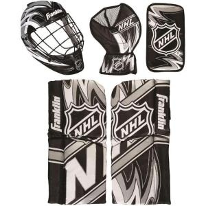 Franklin Sports NHL Youth Knee Hockey Goalie Pads + Helmet Set – Kids Knee + Mini Hockey Goalie Gear + Equipment – (2) Leg Pads, Catch Glove, Blocker + Mask Included(Black/White/Gray)