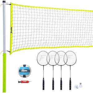 Franklin Sports Volleyball + Badminton Sets – Beach + Backyard Game Set – Volleyball, Pump, Badminton Rackets, Birdies, Net + Poles Included(Advanced Badminton/Volleyball Set)