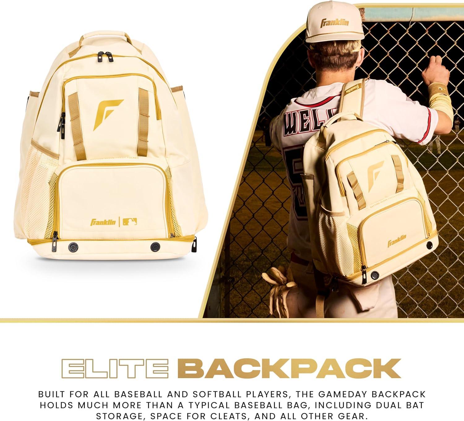 imageFranklin Sports MLB Gameday Baseball Softball Backpack Adult Youth Equipment Bat Bag Stores Batting Gloves Helmet Cleats More Waterproof Premium BatpackVanillaGold