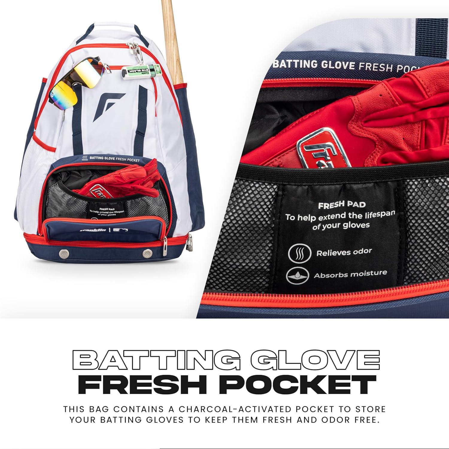 imageFranklin Sports MLB Gameday Baseball Softball Backpack Adult Youth Equipment Bat Bag Stores Batting Gloves Helmet Cleats More Waterproof Premium BatpackRedWhiteBlue