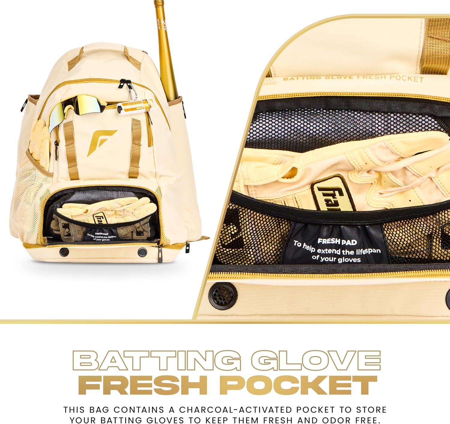 imageFranklin Sports MLB Gameday Baseball Softball Backpack Adult Youth Equipment Bat Bag Stores Batting Gloves Helmet Cleats More Waterproof Premium BatpackVanillaGold