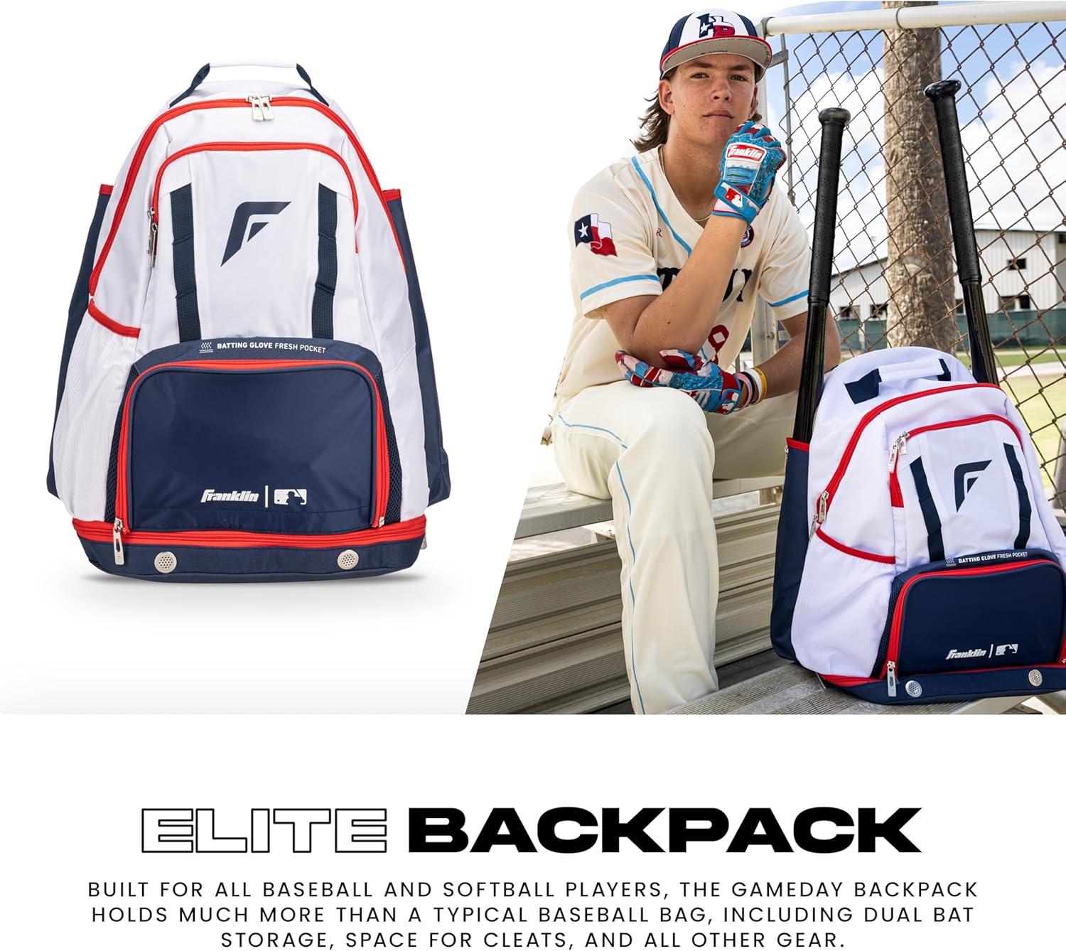 imageFranklin Sports MLB Gameday Baseball Softball Backpack Adult Youth Equipment Bat Bag Stores Batting Gloves Helmet Cleats More Waterproof Premium BatpackRedWhiteBlue