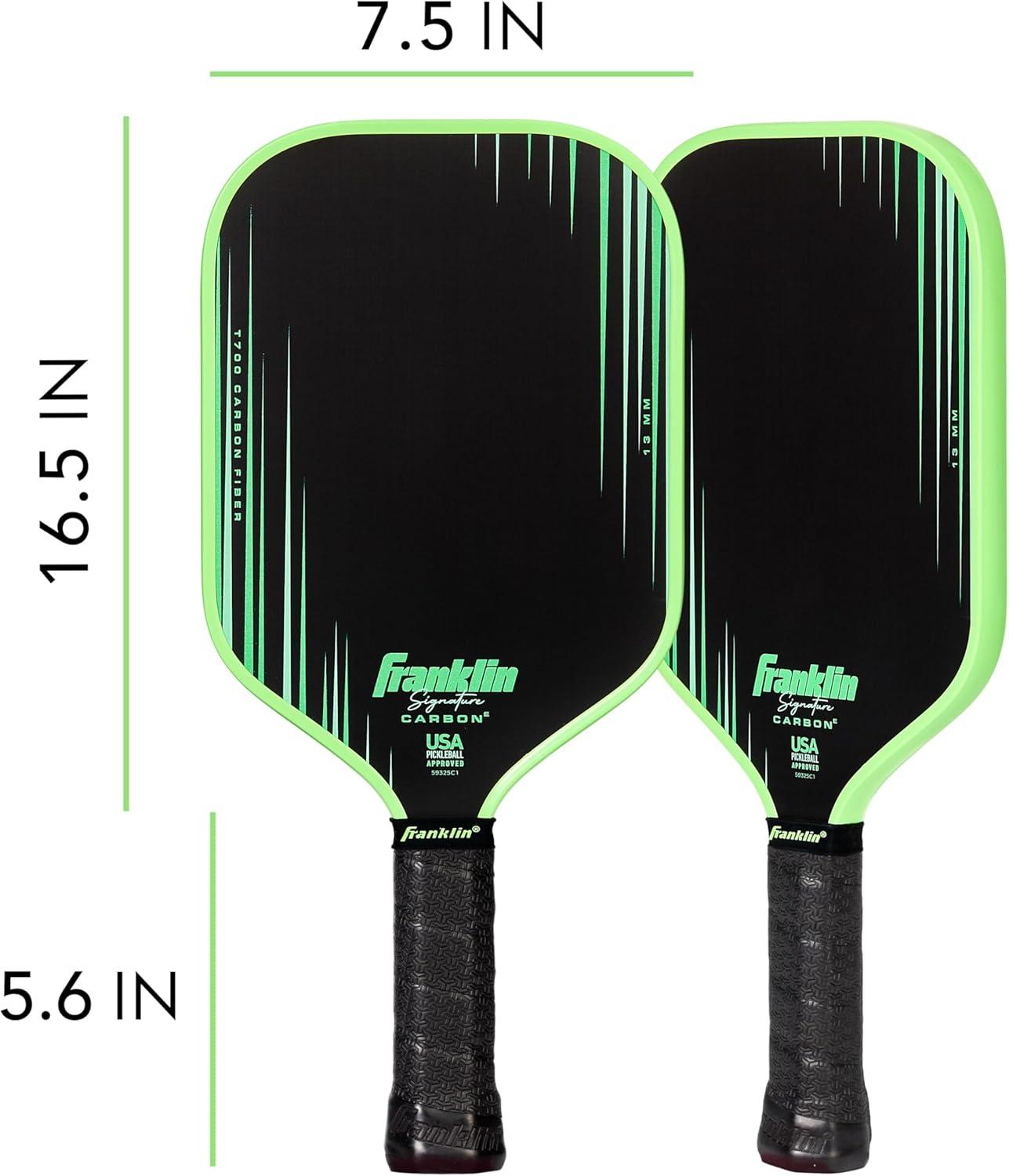 imageFranklin Sports Pro Pickleball Paddles Signature Carbon Series T700 Carbon Fiber Surface USA Pickleball USAPA Tournament Approved 13mm Polypropylene Core Green