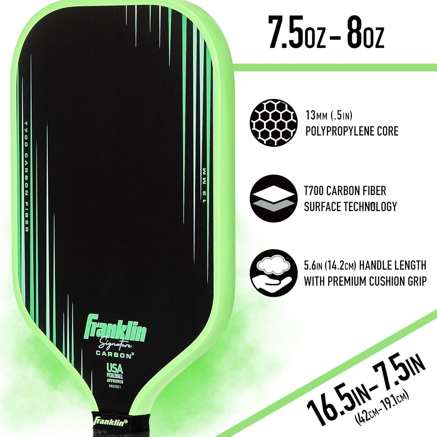 imageFranklin Sports Pro Pickleball Paddles Signature Carbon Series T700 Carbon Fiber Surface USA Pickleball USAPA Tournament Approved 13mm Polypropylene Core Green