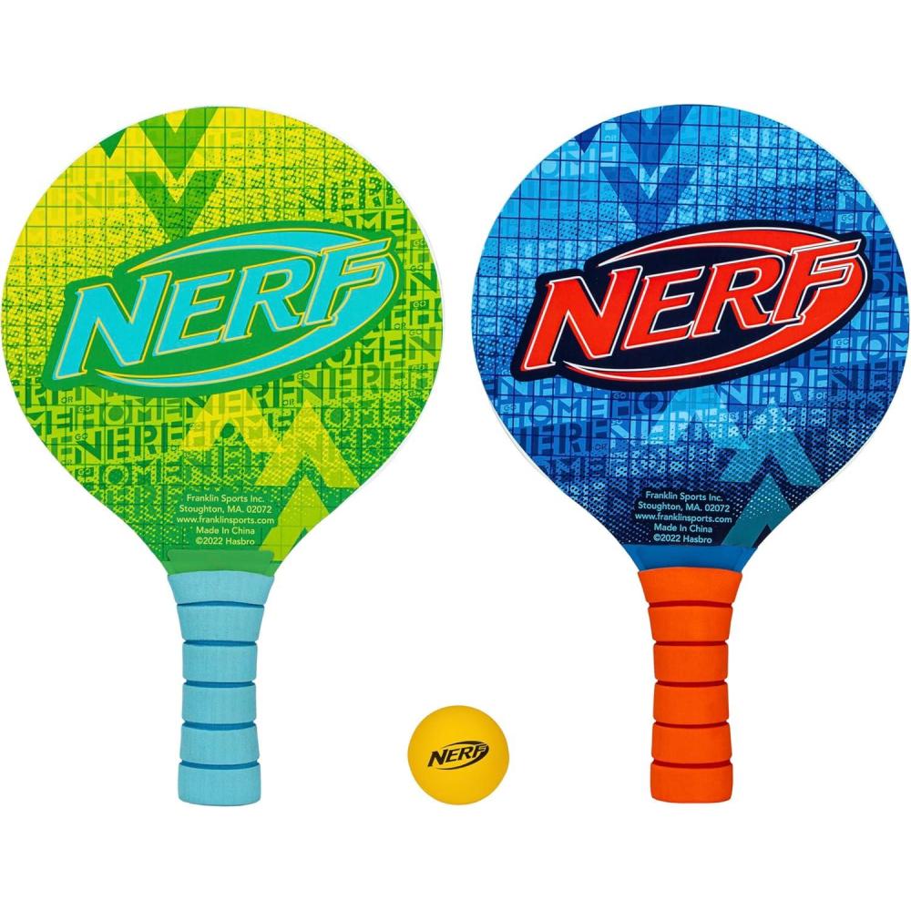imageNERF Paddleball Set  Fun Paddleball Beach Game for Adults  Kids  Fun Outdoor Pool  Beach Water Sports Game  Includes 2 Wooden Paddles  1 NERF Paddle Ball  Complete Set