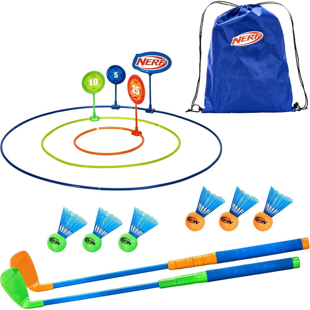 imageNERF Birdie Golf Game  Fun Backyard Golf Game  Practice Your Chipping Game  Complete Set with Golf Clubs Scoring Rings Birdie Balls ampamp Carry Bag
