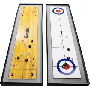 Franklin Sports 2-in-1 Shuffleboard Table and Curling Set – Portable Tabletop Set Includes 8 Rolling Mini Pucks – 45″