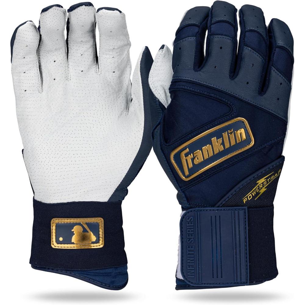 imageFranklin Sports MLB Batting Gloves  Infinite Powerstrap Baseball  Softball Long Cuff Batting Gloves  Adult  YouthNavyGold