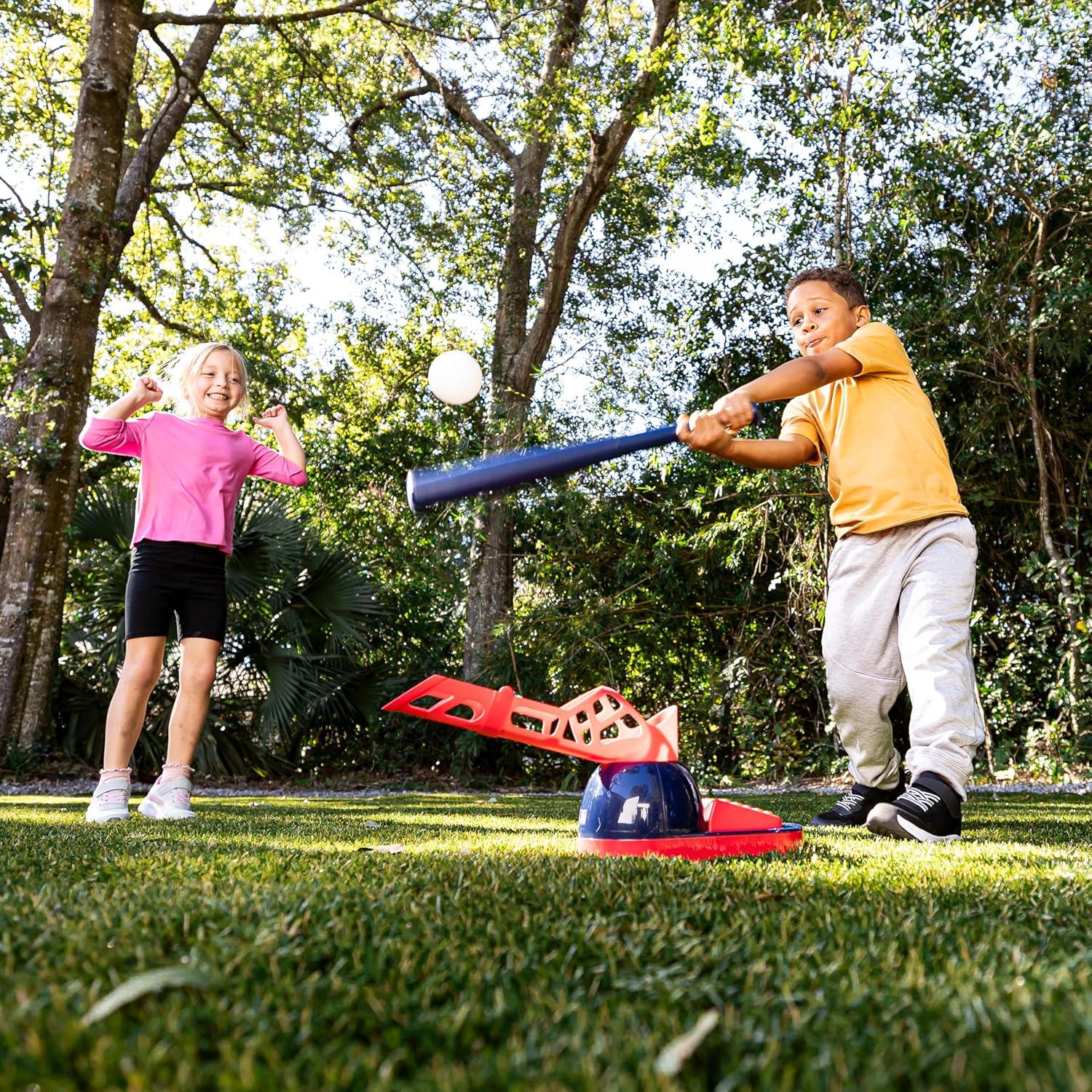imageFranklin Sports Kids Baseball Pitching Machine Pop A Pitch Batting Machine with Youth Bat 3 Plastic Balls Boys Girls Toy
