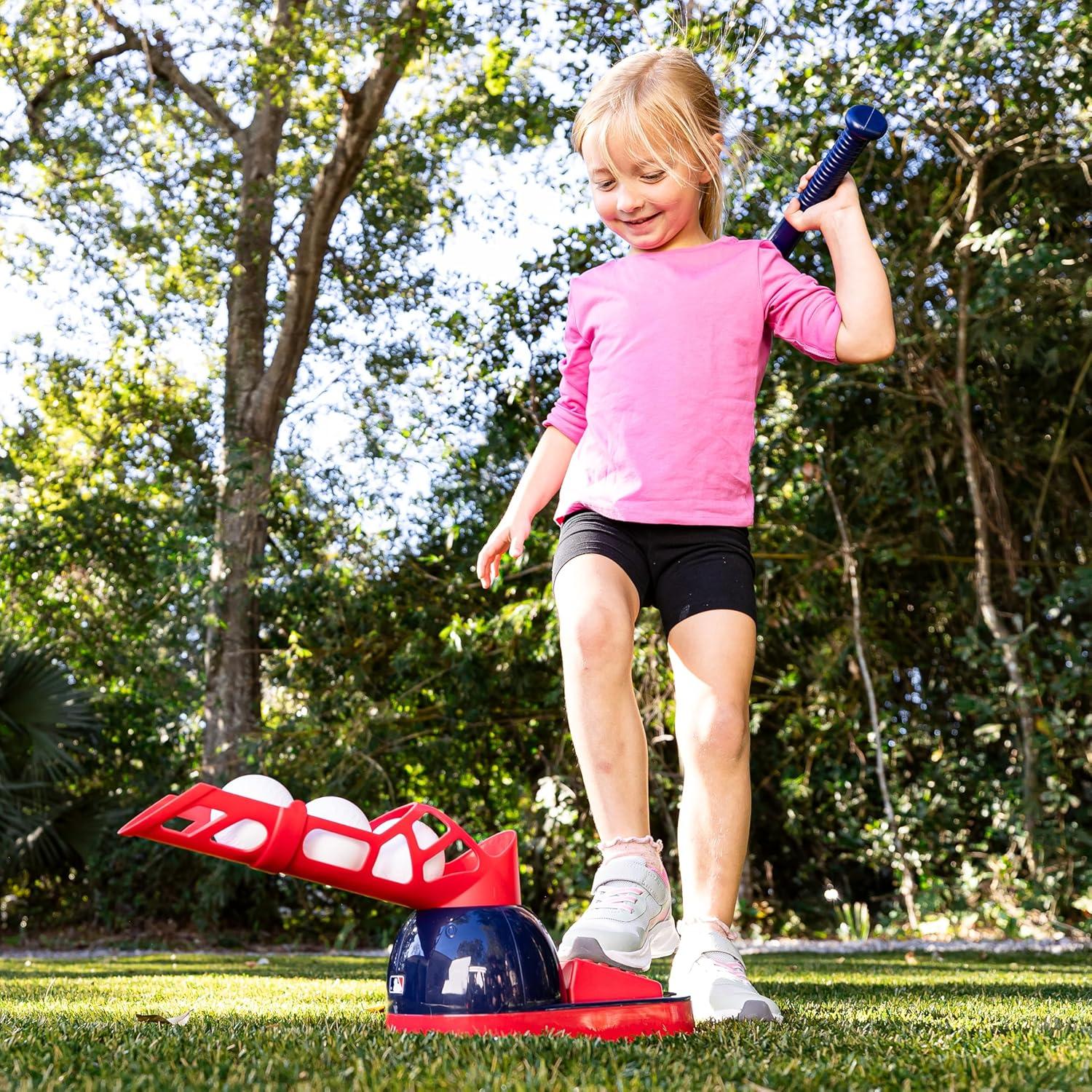 imageFranklin Sports Kids Baseball Pitching Machine Pop A Pitch Batting Machine with Youth Bat 3 Plastic Balls Boys Girls Toy