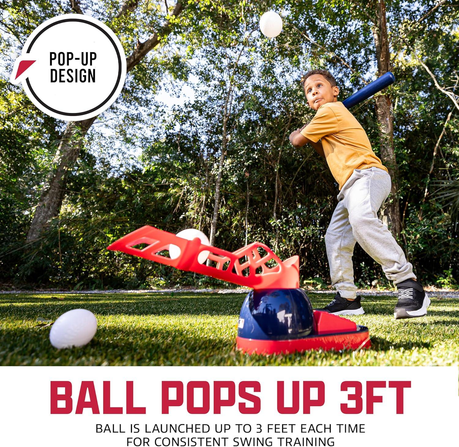 imageFranklin Sports Kids Baseball Pitching Machine Pop A Pitch Batting Machine with Youth Bat 3 Plastic Balls Boys Girls Toy