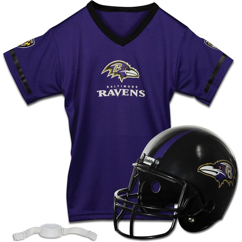 imageFranklin Sports NFL Kids Helmet  Jersey Sets  Youth NFL Team Uniform Sets  Costume Set  Helmet Jersey  ChinstrapMediumBaltimore Ravens