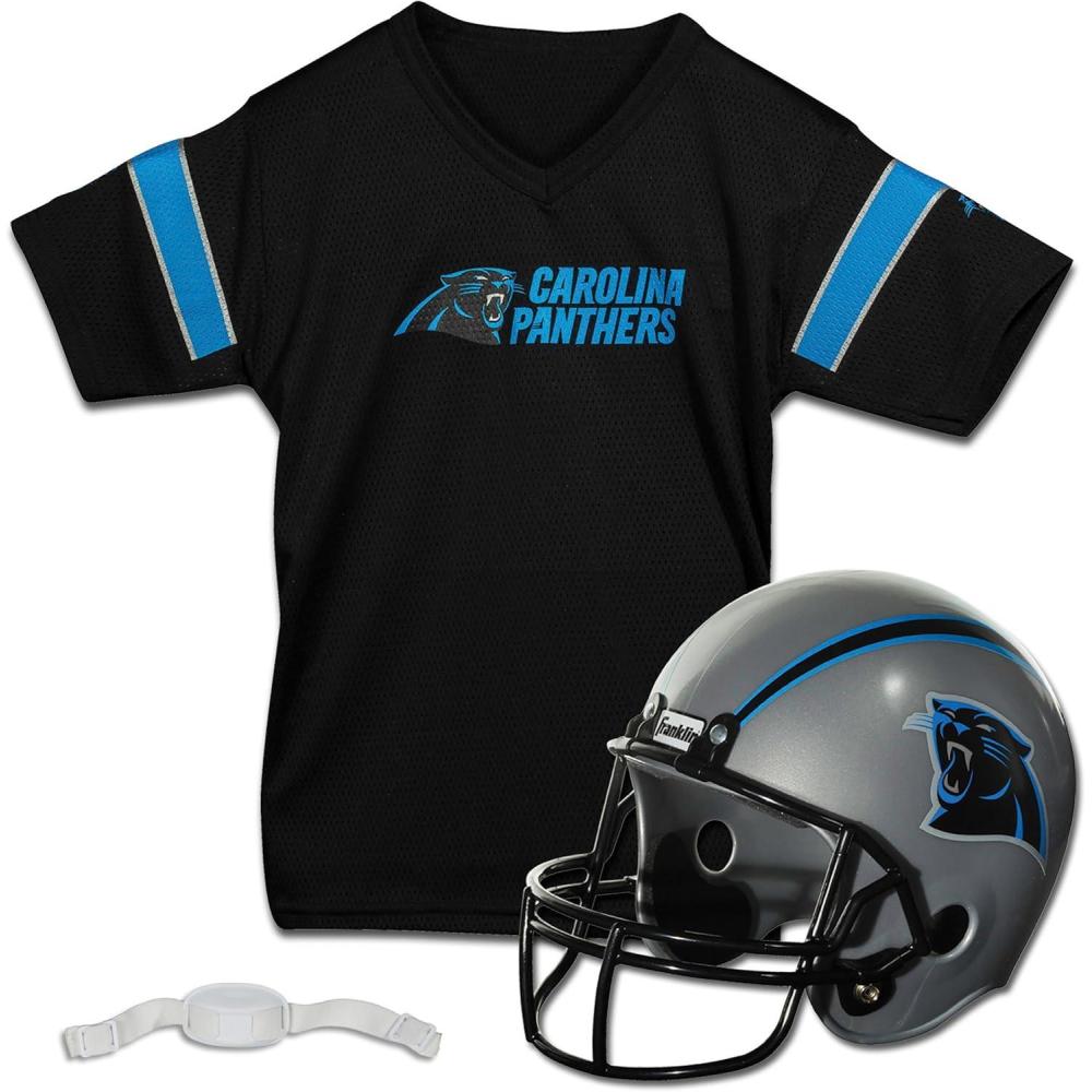 imageFranklin Sports NFL Kids Helmet  Jersey Sets  Youth NFL Team Uniform Sets  Costume Set  Helmet Jersey  ChinstrapMediumCarolina Panthers