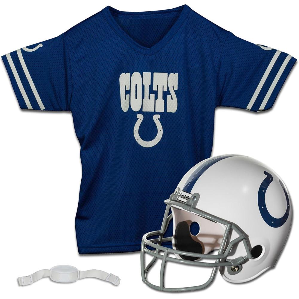 imageFranklin Sports NFL Kids Helmet  Jersey Sets  Youth NFL Team Uniform Sets  Costume Set  Helmet Jersey  ChinstrapMediumIndianapolis Colts