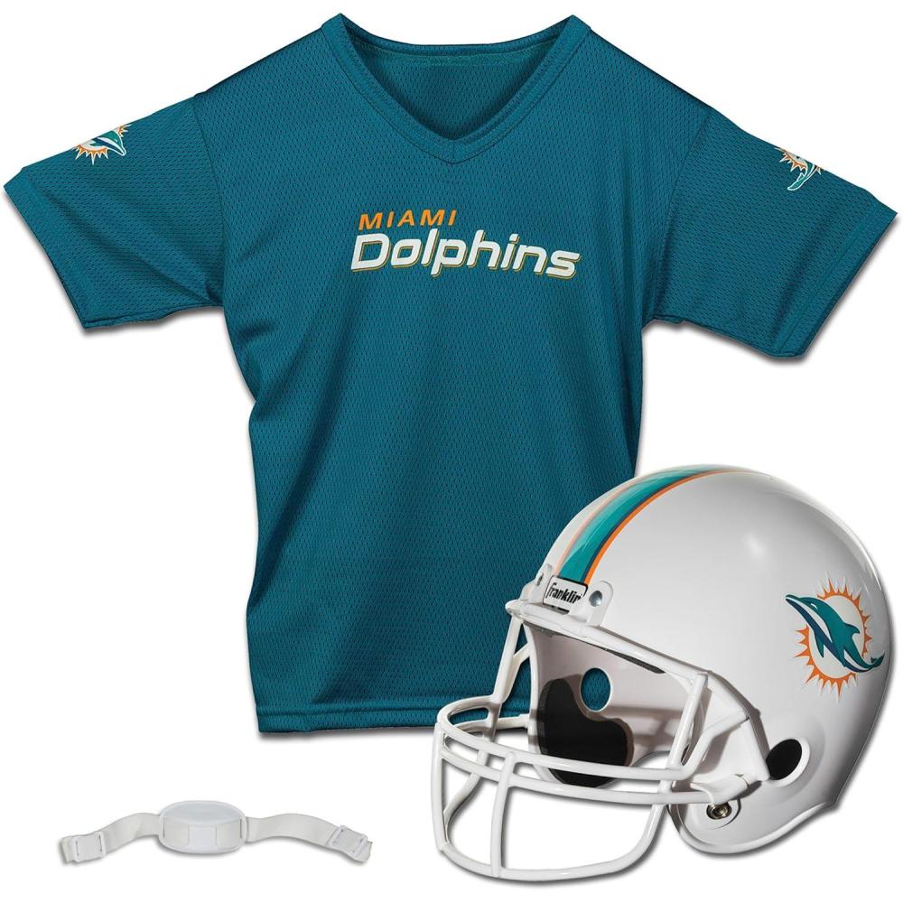 imageFranklin Sports NFL Kids Helmet  Jersey Sets  Youth NFL Team Uniform Sets  Costume Set  Helmet Jersey  ChinstrapMediumMiami Dolphins