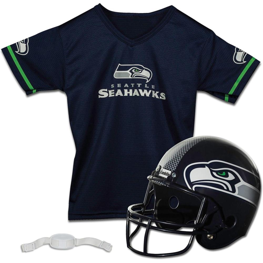 imageFranklin Sports NFL Kids Helmet  Jersey Sets  Youth NFL Team Uniform Sets  Costume Set  Helmet Jersey  ChinstrapMediumSeattle Seahawks