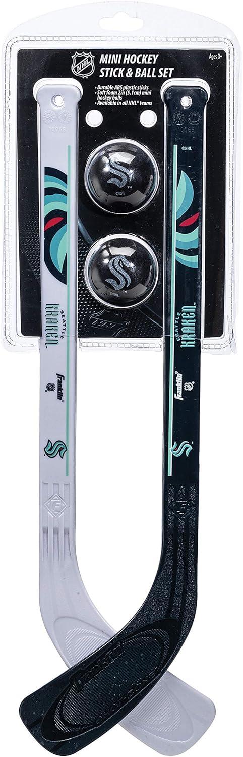 image:imageFranklin Sports NHL Mini Hockey Stick Set NHL Team Knee Hockey Stick and Ball Set Two Player Stick Set Great Toy for KidsSeattle Kraken