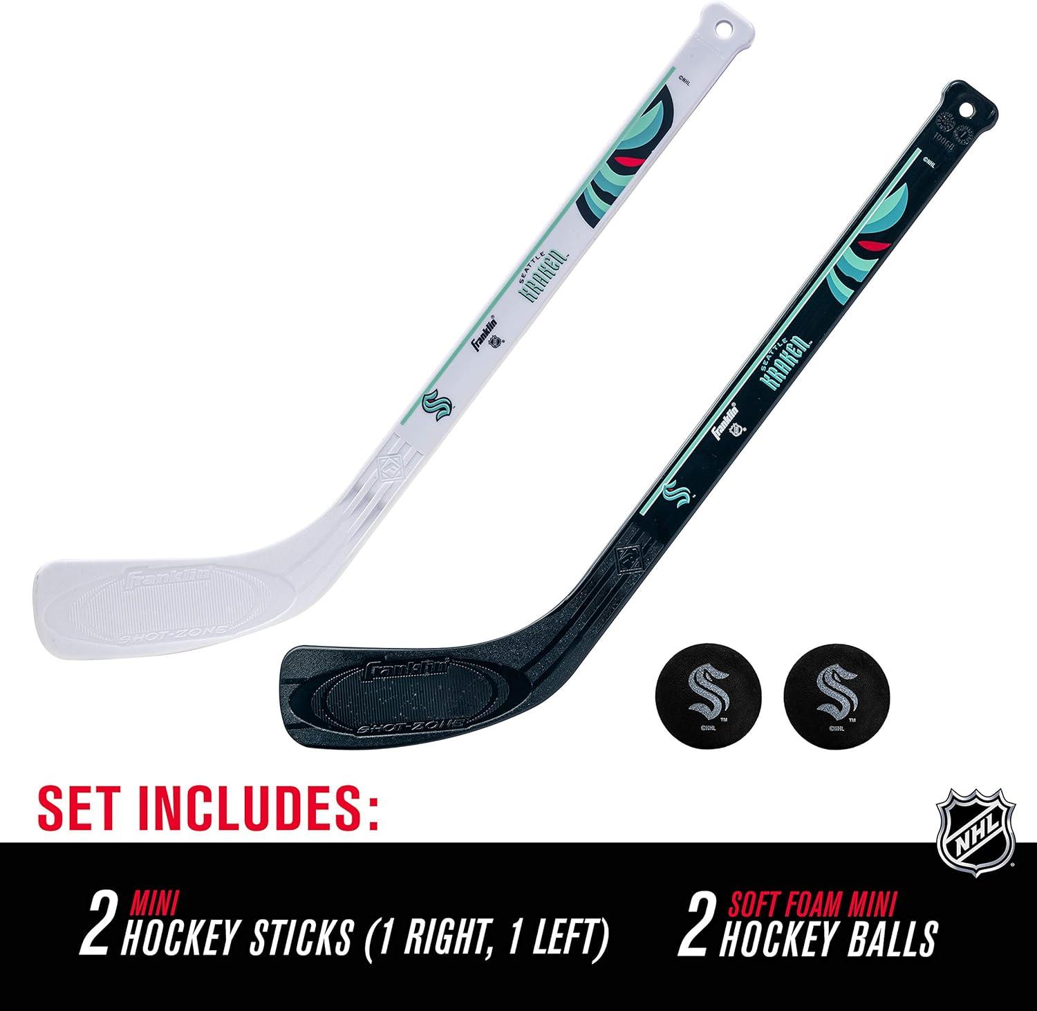 image:imageFranklin Sports NHL Mini Hockey Stick Set NHL Team Knee Hockey Stick and Ball Set Two Player Stick Set Great Toy for KidsSeattle Kraken