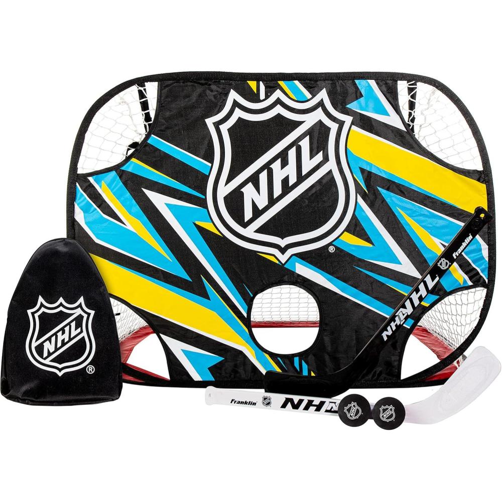 image:imageFranklin Sports NHL Kids Mini Hockey Goal  Shooting Target Set  Knee Hockey Pop Up Goal  Shooter Tutor with 2 Mini Sticks  2 Foam Balls