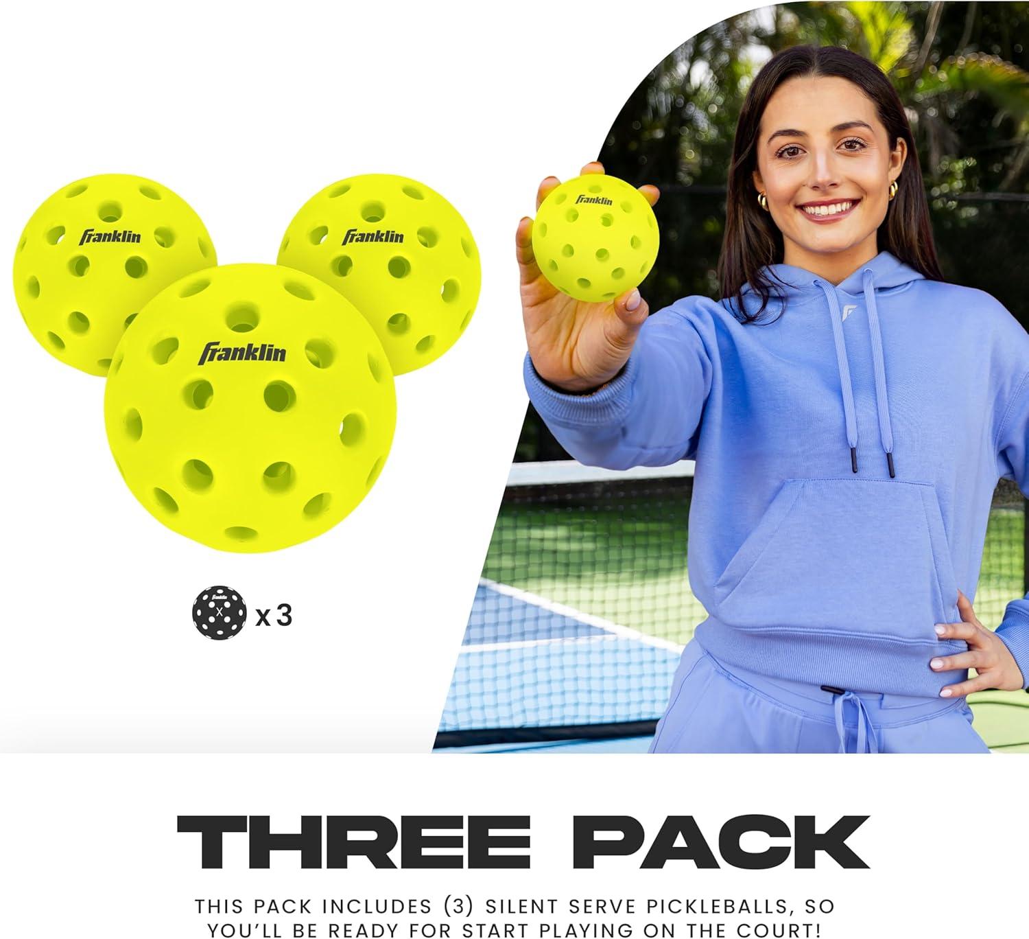 image:imageFranklin Sports Silent Serve Foam Pickleballs Quiet Soft Pickleballs for Noise Reduction Indoor Outdoor Official Size Balls Great for Practice Training 3 Pack Optic Yellow