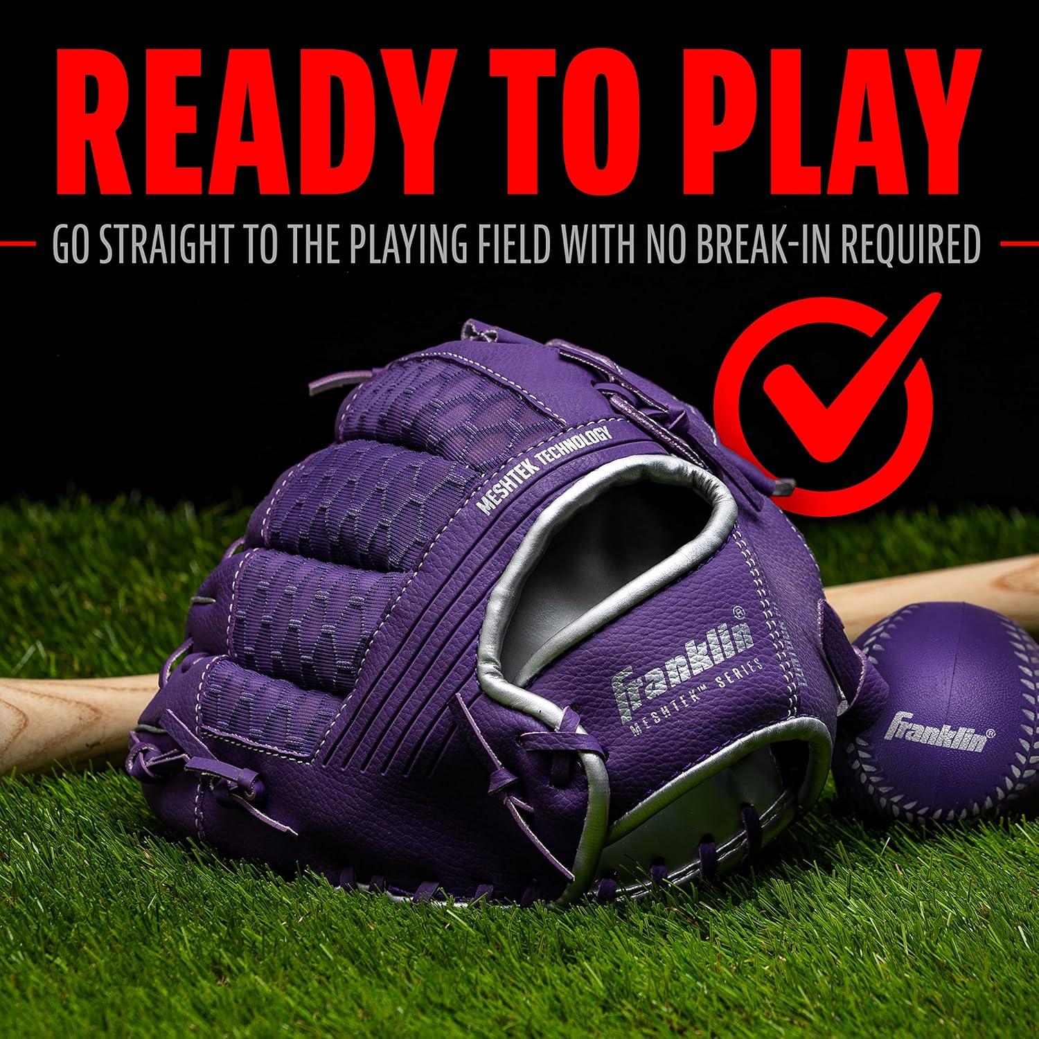 image:imageFranklin Sports Kids Baseball Glove Foam Ball Sets Meshtek Youth Teeball Gloves for Kids Toddlers Left Right Hand Throw 95 InchPurpleChrome