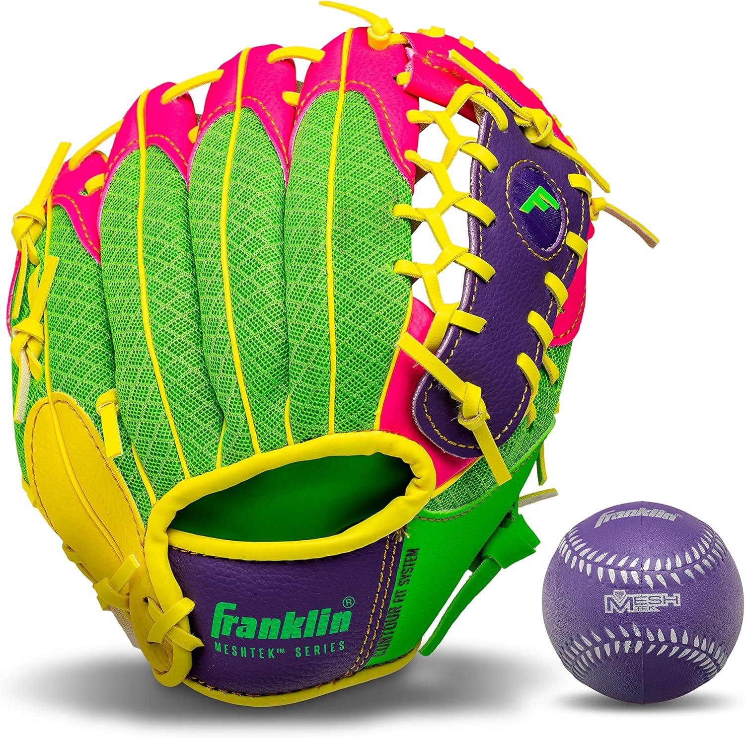 image:imageFranklin Sports Kids Baseball Glove Foam Ball Sets Meshtek Youth Teeball Gloves for Kids Toddlers Left Right Hand Throw 95 InchPurplePinkYellow