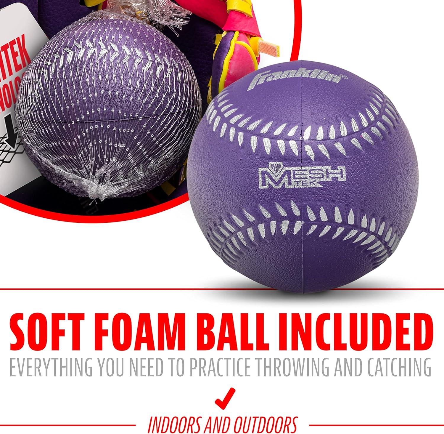 image:imageFranklin Sports Kids Baseball Glove Foam Ball Sets Meshtek Youth Teeball Gloves for Kids Toddlers Left Right Hand Throw 95 InchPurplePinkYellow