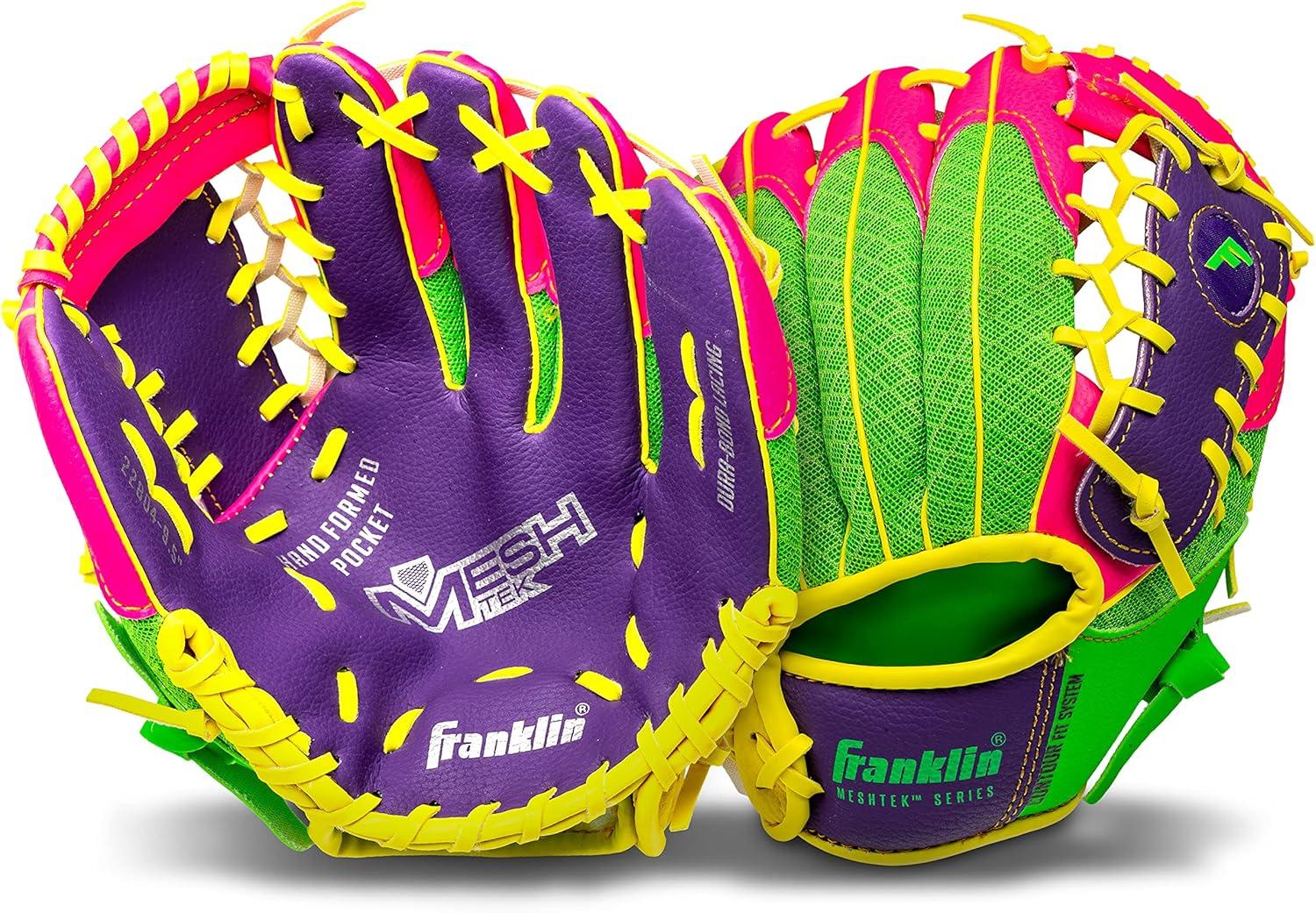 image:imageFranklin Sports Kids Baseball Glove Foam Ball Sets Meshtek Youth Teeball Gloves for Kids Toddlers Left Right Hand Throw 95 InchPurplePinkYellow