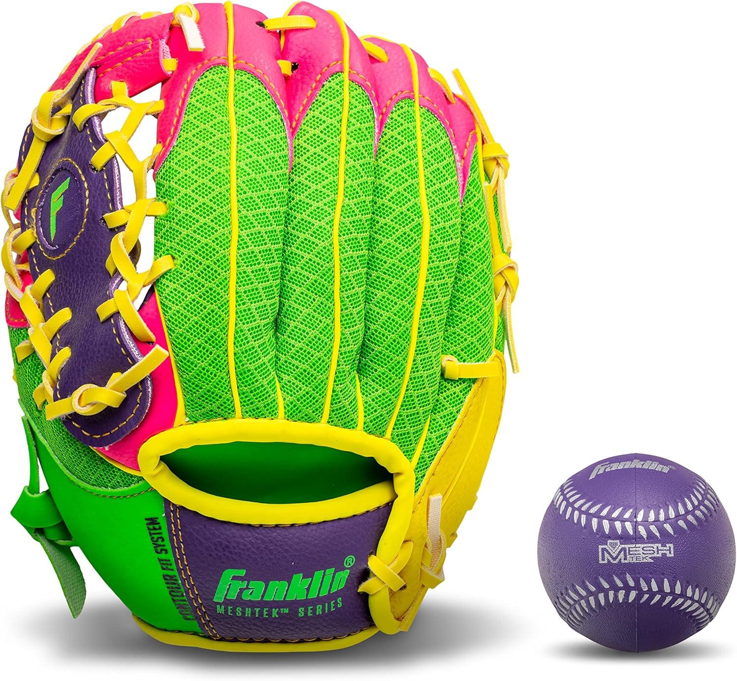 image:imageFranklin Sports Kids Baseball Glove Foam Ball Sets Meshtek Youth Teeball Gloves for Kids Toddlers Left Right Hand Throw 95 InchPurplePinkYellow