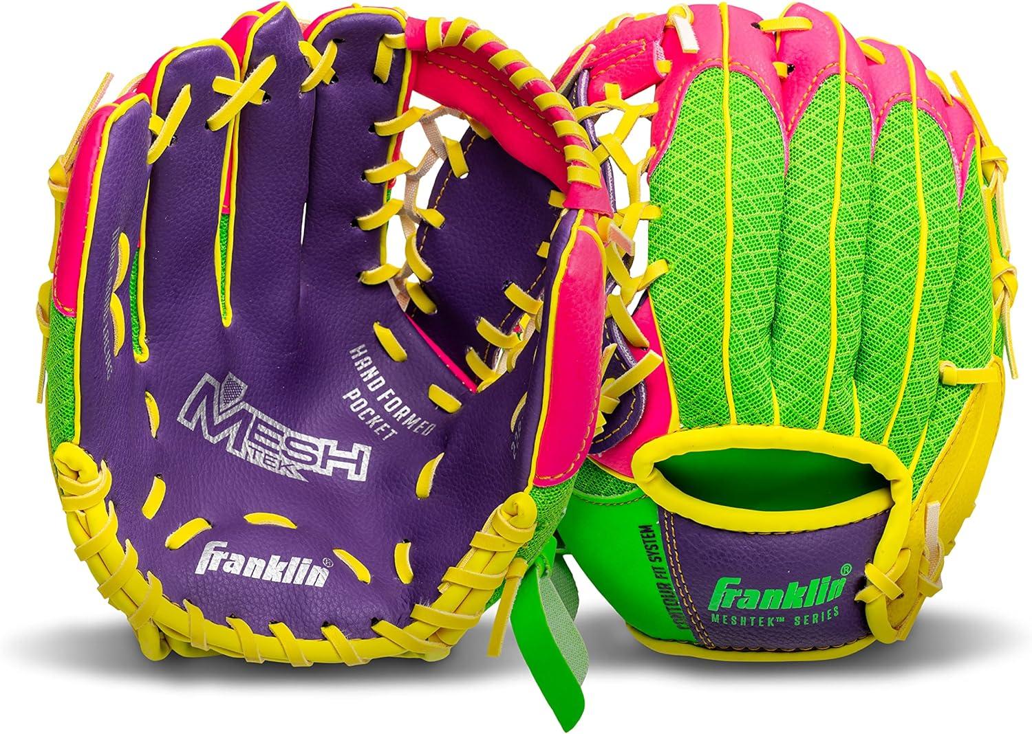 image:imageFranklin Sports Kids Baseball Glove Foam Ball Sets Meshtek Youth Teeball Gloves for Kids Toddlers Left Right Hand Throw 95 InchPurplePinkYellow