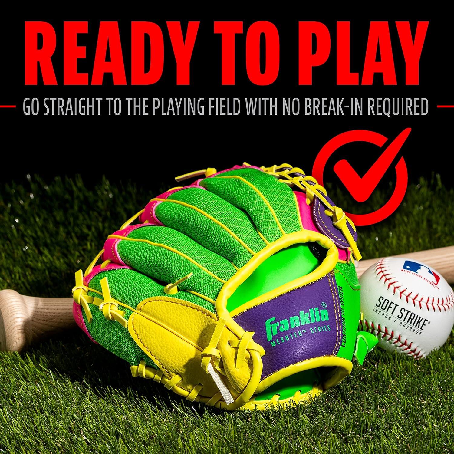 image:imageFranklin Sports Kids Baseball Glove Foam Ball Sets Meshtek Youth Teeball Gloves for Kids Toddlers Left Right Hand Throw 95 InchPurplePinkYellow