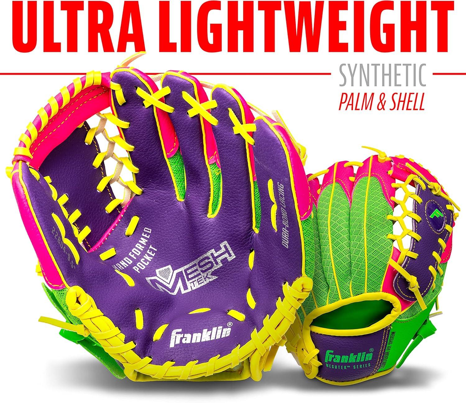 image:imageFranklin Sports Kids Baseball Glove Foam Ball Sets Meshtek Youth Teeball Gloves for Kids Toddlers Left Right Hand Throw 95 InchPurplePinkYellow