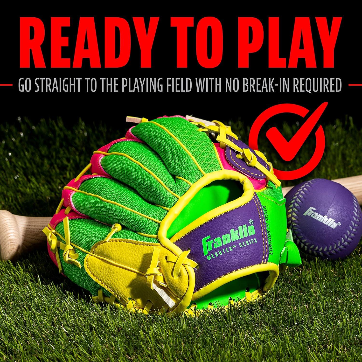 image:imageFranklin Sports Kids Baseball Glove Foam Ball Sets Meshtek Youth Teeball Gloves for Kids Toddlers Left Right Hand Throw 95 InchPurplePinkYellow