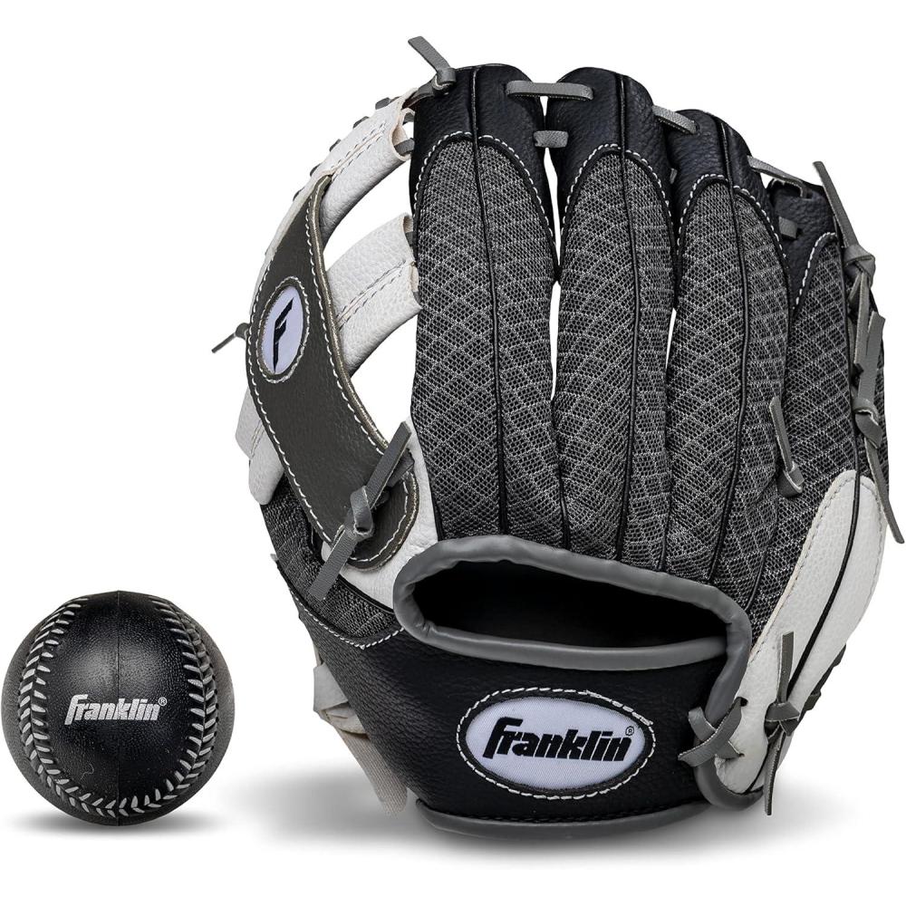 image:imageFranklin Sports Kids Baseball Glove  Foam Ball Sets  Meshtek Youth Teeball Gloves for Kids  Toddlers  Left  Right Hand Throw  95 InchBlackGraphiteWhite