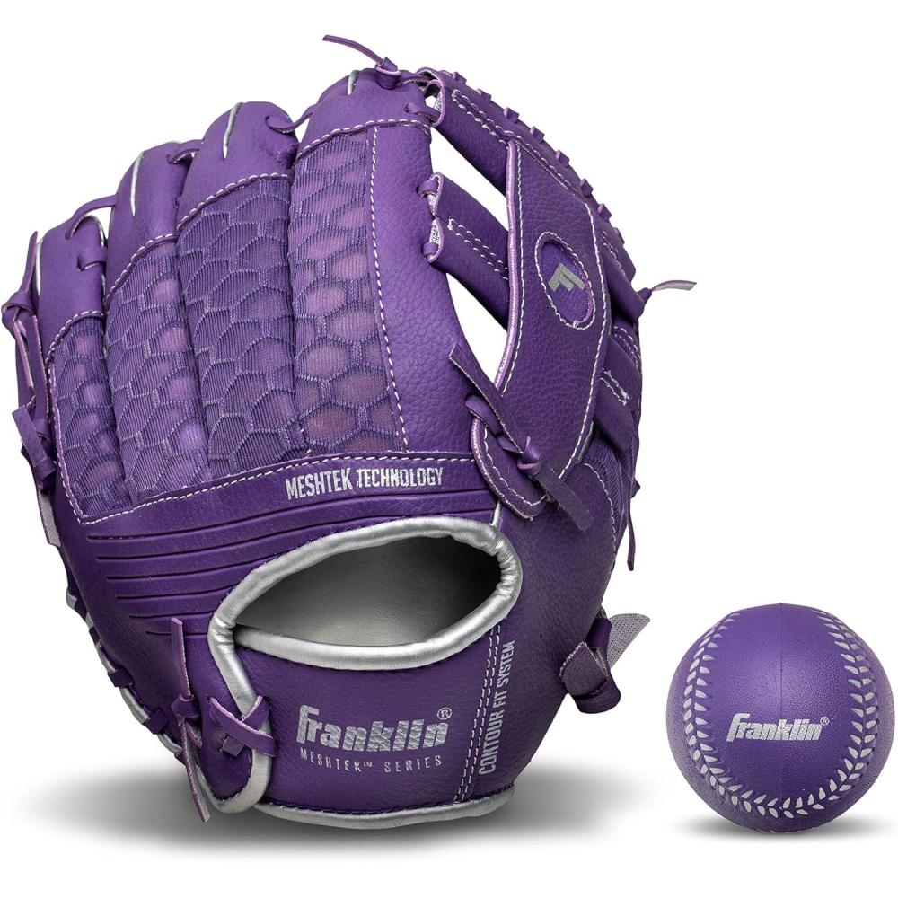 image:imageFranklin Sports Kids Baseball Glove  Foam Ball Sets  Meshtek Youth Teeball Gloves for Kids  Toddlers  Left  Right Hand Throw  95 InchPurpleChrome