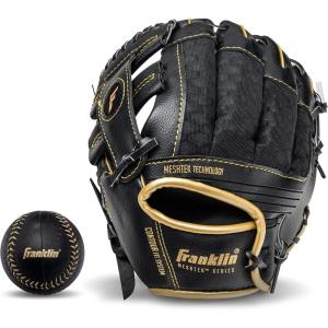 Franklin Sports Kids Baseball Glove + Foam Ball Sets – Meshtek Youth Teeball Gloves for Kids + Toddlers – Left + Right Hand Throw – 9.5″ Inch(Black/Gold)
