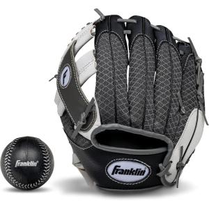 Franklin Sports Kids Baseball Glove + Foam Ball Sets – Meshtek Youth Teeball Gloves for Kids + Toddlers – Left + Right Hand Throw – 9.5″ Inch(Black/Graphite/White)