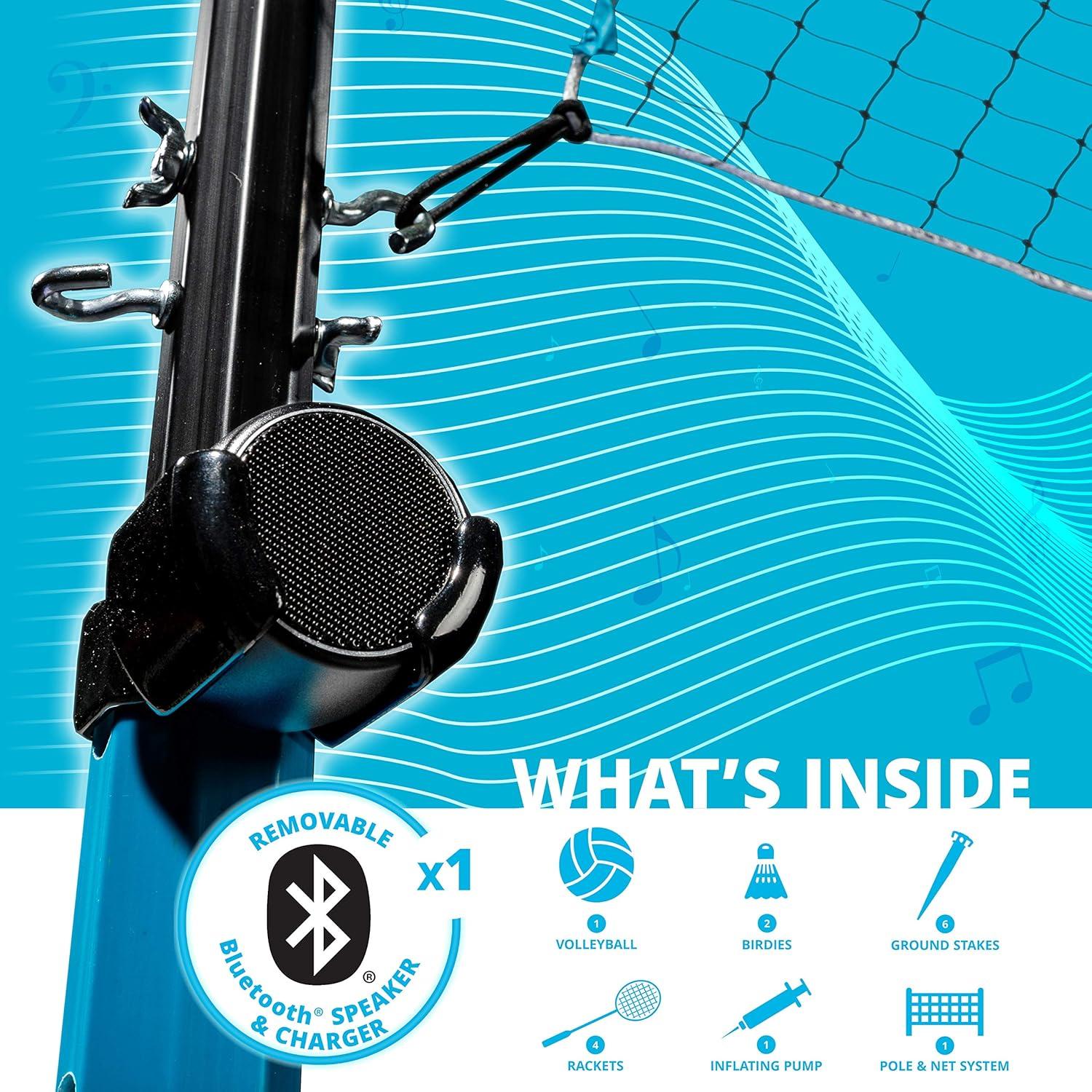 image:imageFranklin Sports Beach Backyard Volleyball Set Badminton Set with Speaker Bluetooth Net Pole Set with Pump Bluetooth Speakers Carry Bag IncludedBluetooth VolleyballBadminton