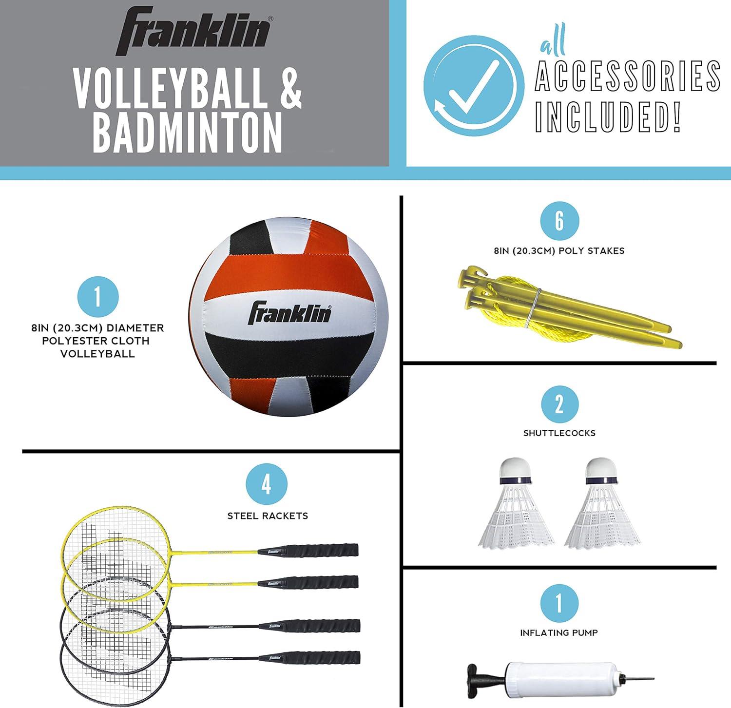 image:imageFranklin Sports Volleyball Badminton Combo Sets Backyard Beach Outdoor Volleyball Badminton Net Set Portable Badminton Volleyball Net with Poles Volleyball Rackets Birdies IncludedFamily