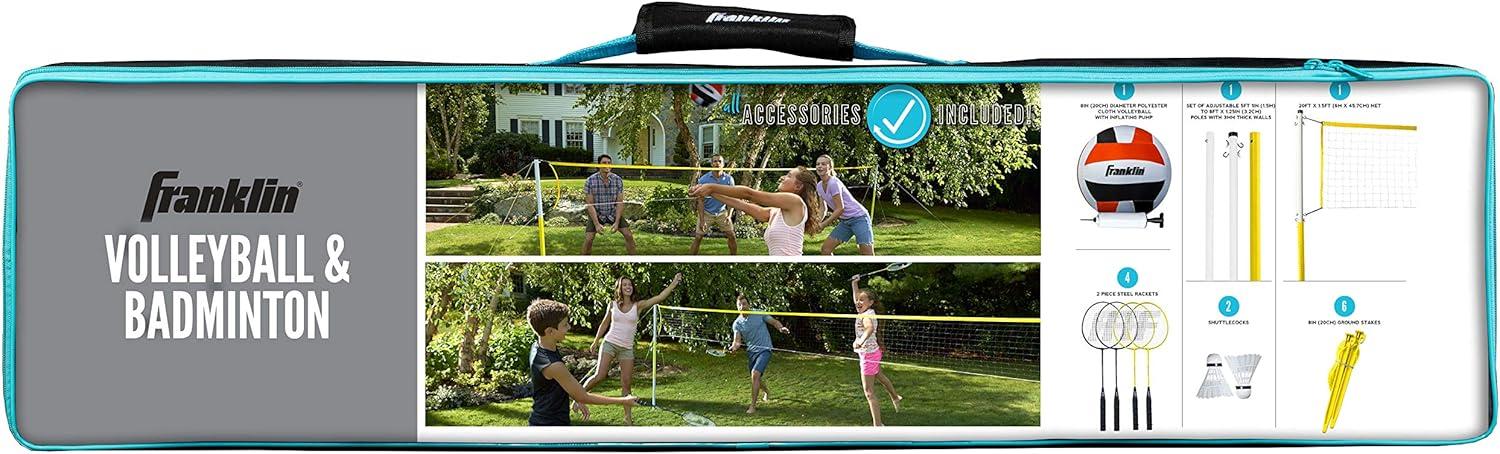image:imageFranklin Sports Volleyball Badminton Combo Sets Backyard Beach Outdoor Volleyball Badminton Net Set Portable Badminton Volleyball Net with Poles Volleyball Rackets Birdies IncludedFamily