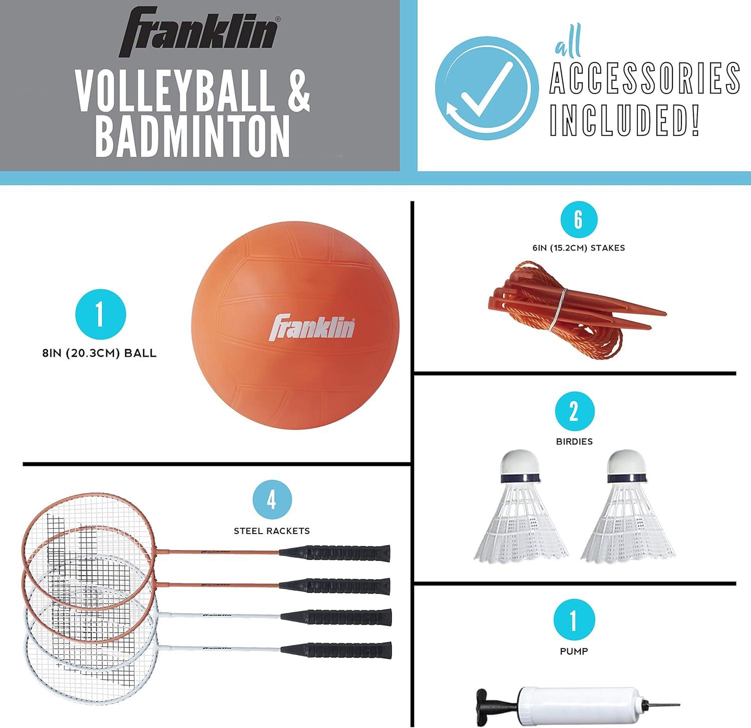 image:imageFranklin Sports Volleyball Badminton Combo Sets Backyard Beach Outdoor Volleyball Badminton Net Set Portable Badminton Volleyball Net with Poles Volleyball Rackets Birdies IncludedStarter