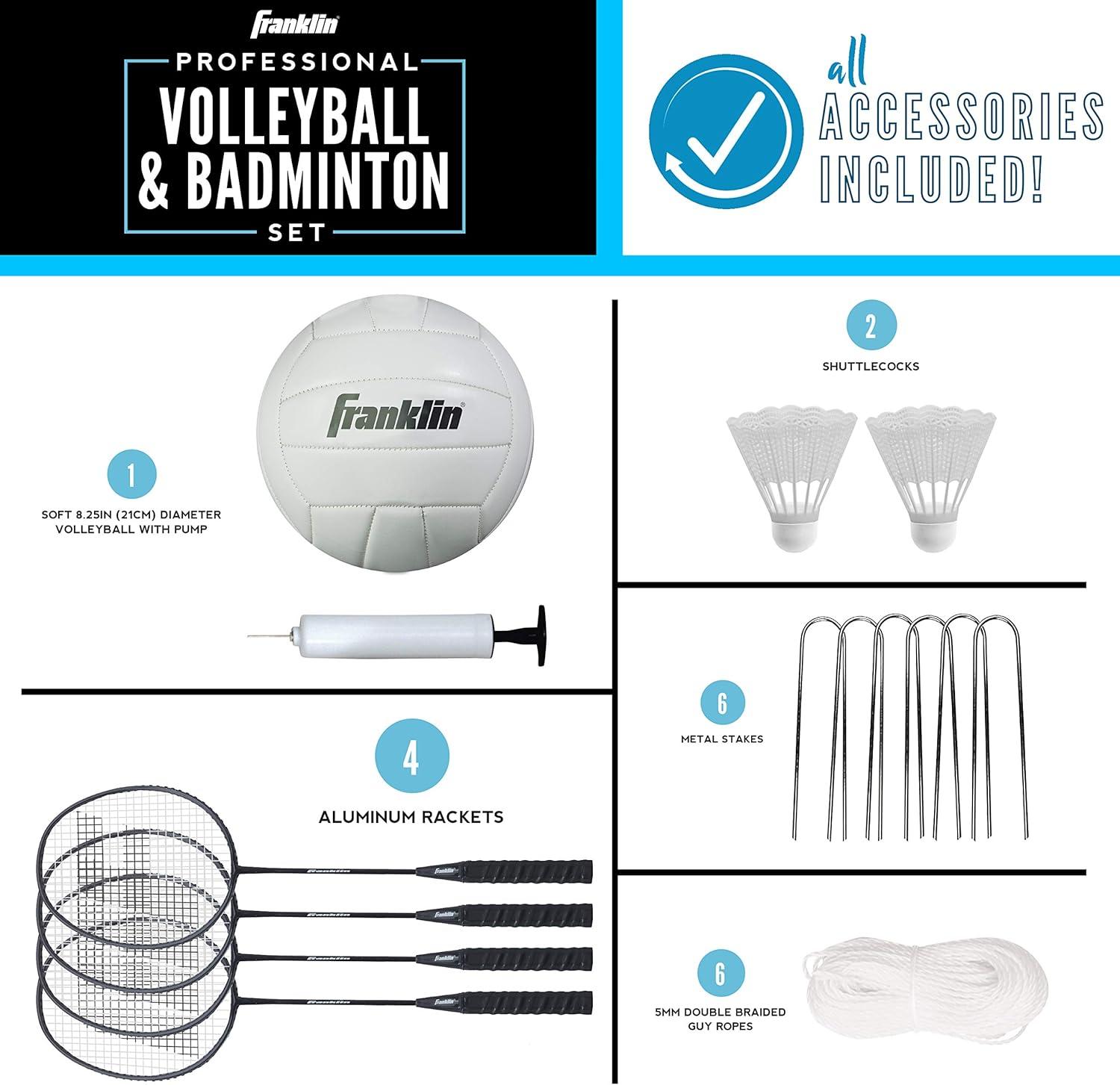 image:imageFranklin Sports Volleyball Badminton Combo Sets Backyard Beach Outdoor Volleyball Badminton Net Set Portable Badminton Volleyball Net with Poles Volleyball Rackets Birdies IncludedProfessional