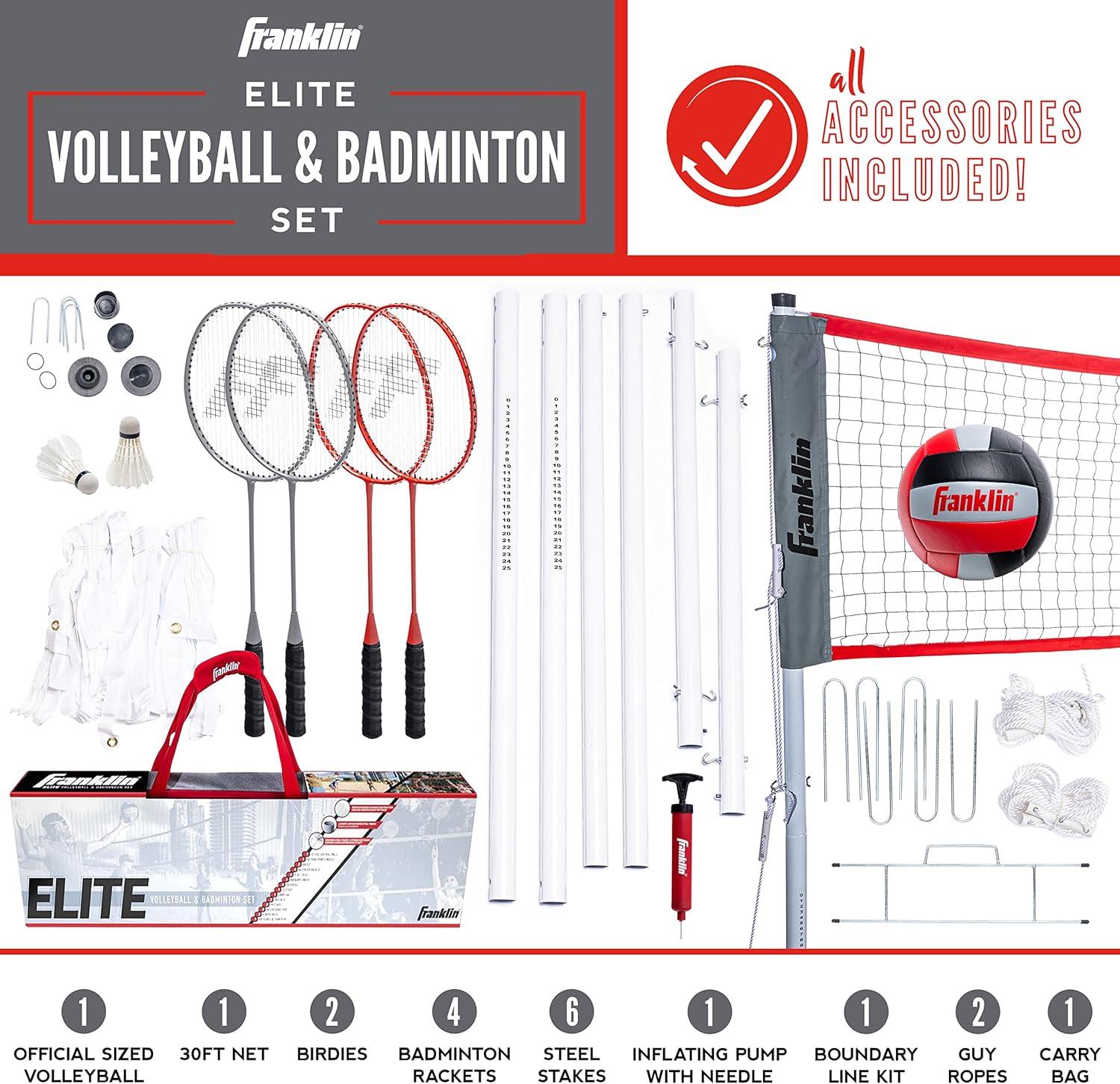 image:imageFranklin Sports Volleyball Badminton Combo Sets Backyard Beach Outdoor Volleyball Badminton Net Set Portable Badminton Volleyball Net with Poles Volleyball Rackets Birdies IncludedElite