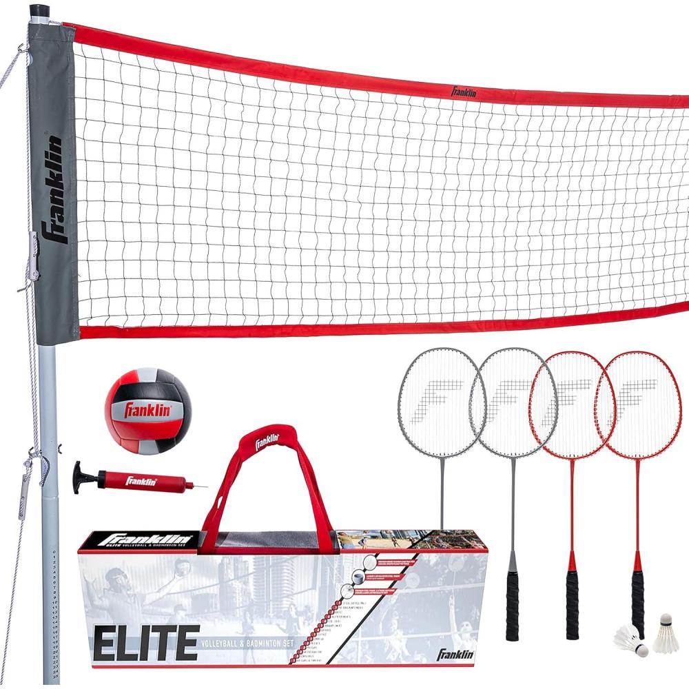 image:imageFranklin Sports Volleyball Badminton Combo Sets Backyard Beach Outdoor Volleyball Badminton Net Set Portable Badminton Volleyball Net with Poles Volleyball Rackets Birdies IncludedElite
