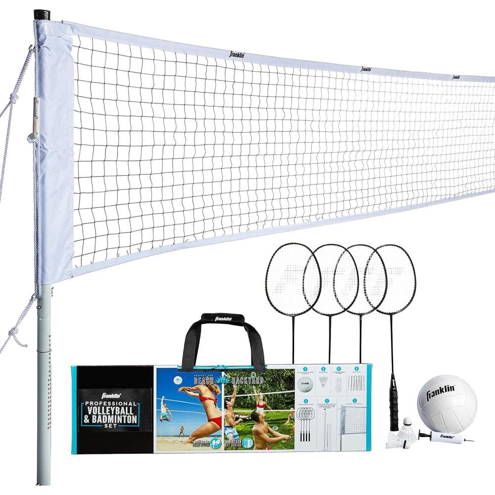 image:imageFranklin Sports Volleyball Badminton Combo Sets Backyard Beach Outdoor Volleyball Badminton Net Set Portable Badminton Volleyball Net with Poles Volleyball Rackets Birdies IncludedProfessional