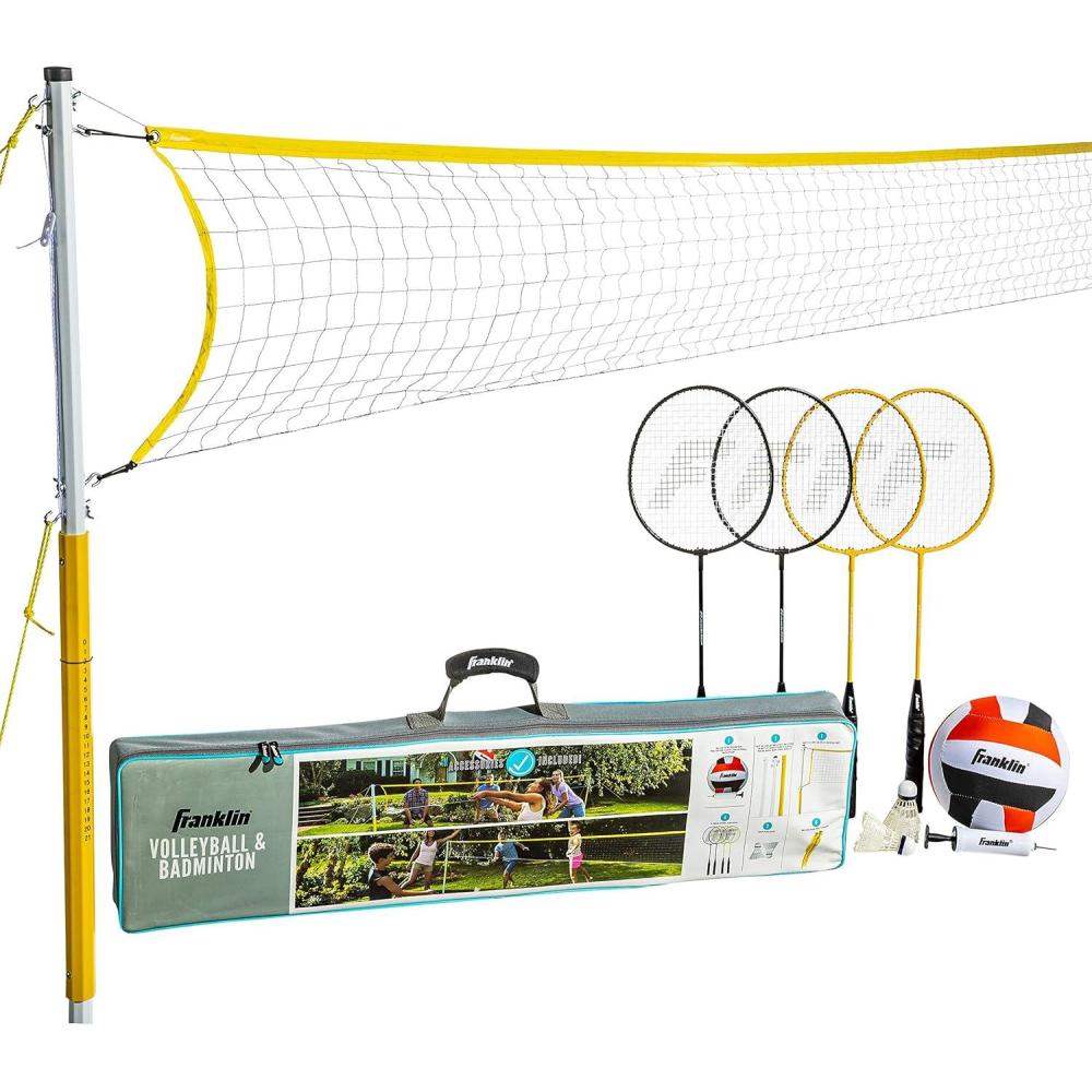 image:imageFranklin Sports Volleyball Badminton Combo Sets Backyard Beach Outdoor Volleyball Badminton Net Set Portable Badminton Volleyball Net with Poles Volleyball Rackets Birdies IncludedFamily