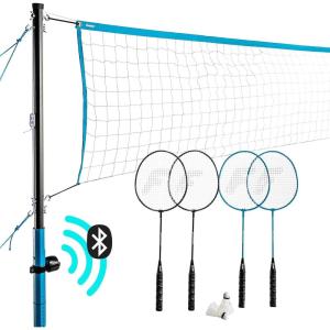 Franklin Sports Beach + Backyard Volleyball Set + Badminton Set with Speaker – Bluetooth Net + Pole Set – with Pump, Bluetooth Speakers + Carry Bag Included(Bluetooth Badminton)