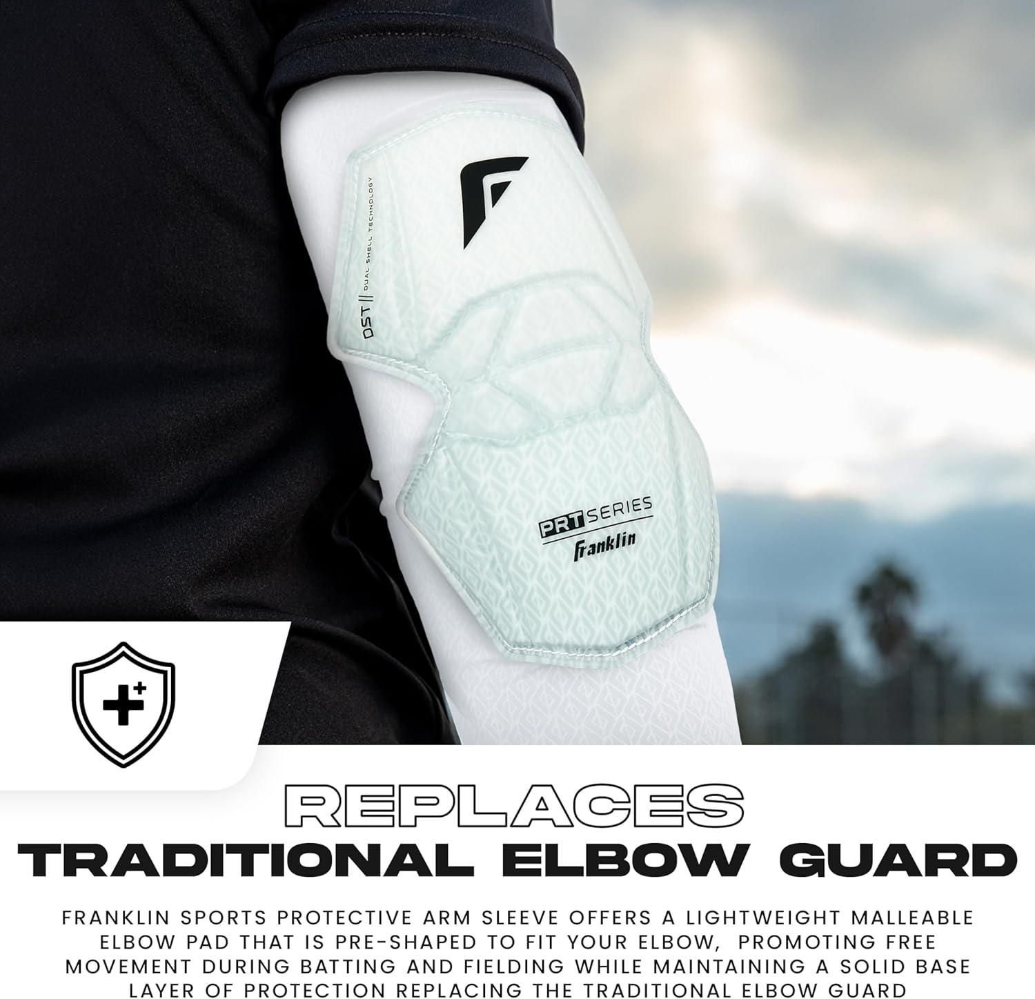 image:imageFranklin Sports Baseball Softball Protective Arm Sleeve PRT DST Series Adult Arm Elbow Shield for Batting Fielding Right Arm Left Arm Black SMWhite
